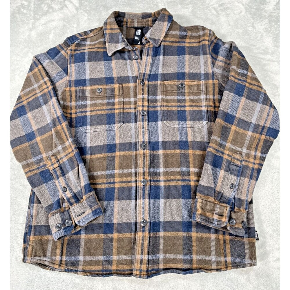 Mountain Hardwear Plusher Flannel Shirt Mens L Brown Blue Plaid Outdoor